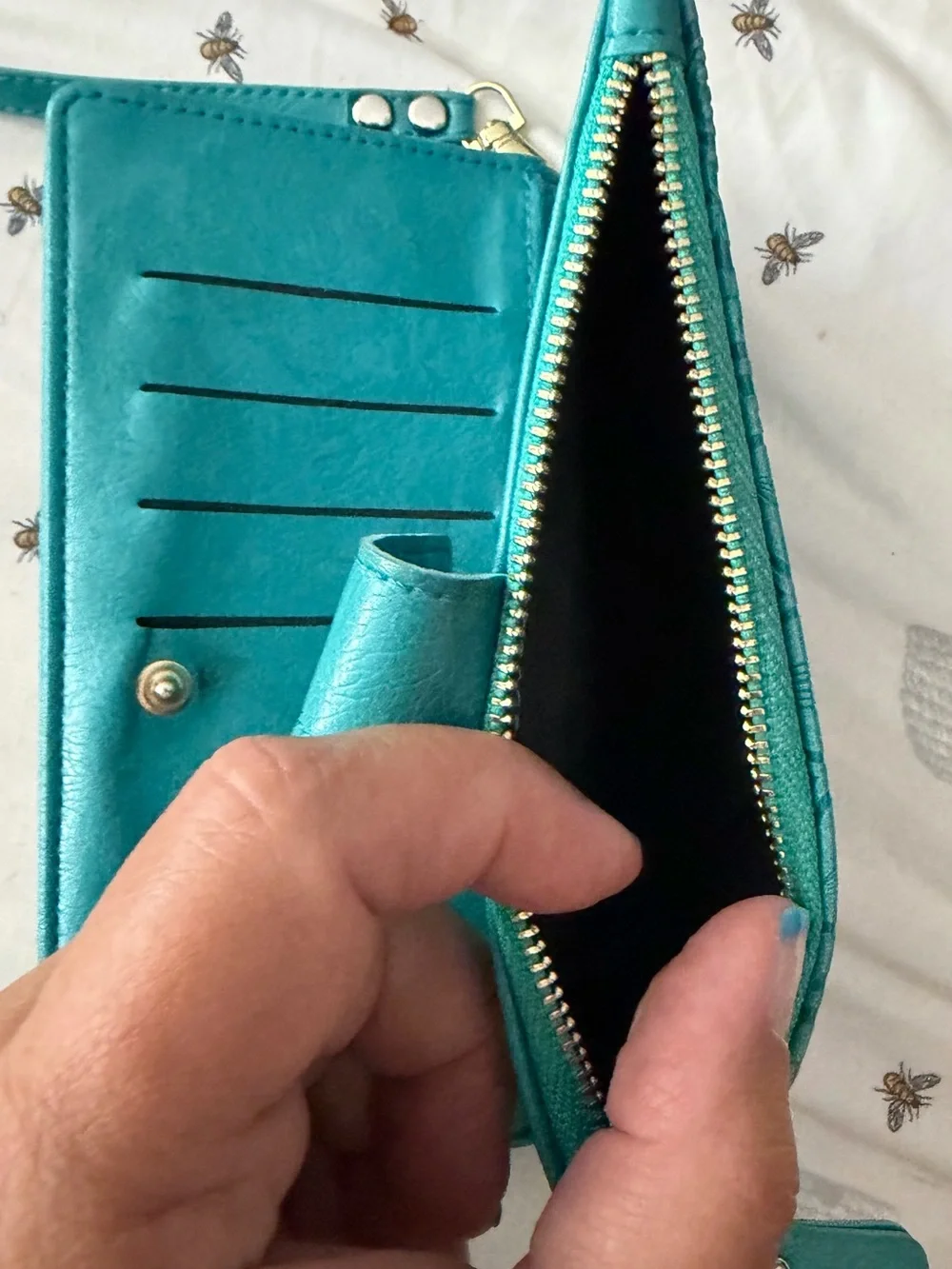 Teal Embossed Floral Wallet Phone Case with Wrist Strap iPhone 13 ProMax